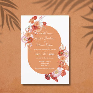 watercolor floral orange pink modern wedding  invitation