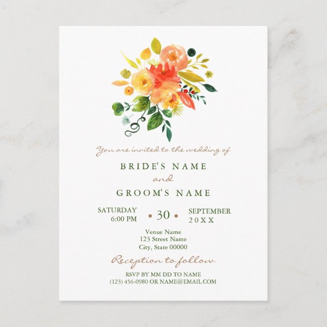 Watercolor floral orange wedding invitation postcard (Front)