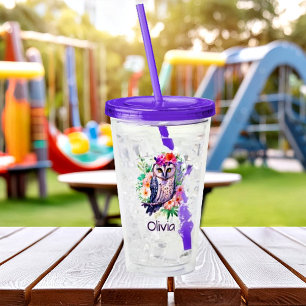 Watercolor floral owl personalized acrylic tumbler