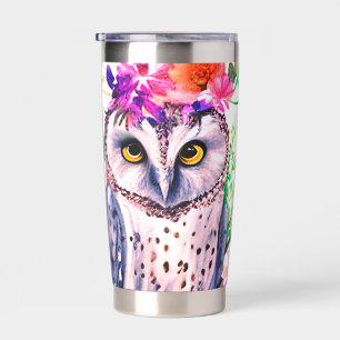 Watercolor floral owl personalized insulated tumbler