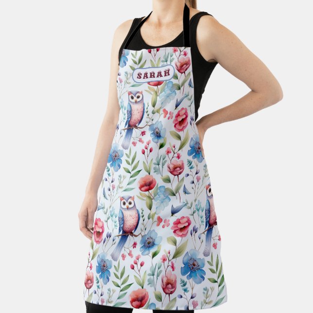 Watercolor Floral Owl Seamless Pattern Apron (Insitu)