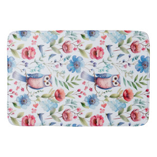 Watercolor Floral Owl Seamless Pattern Bath Mat