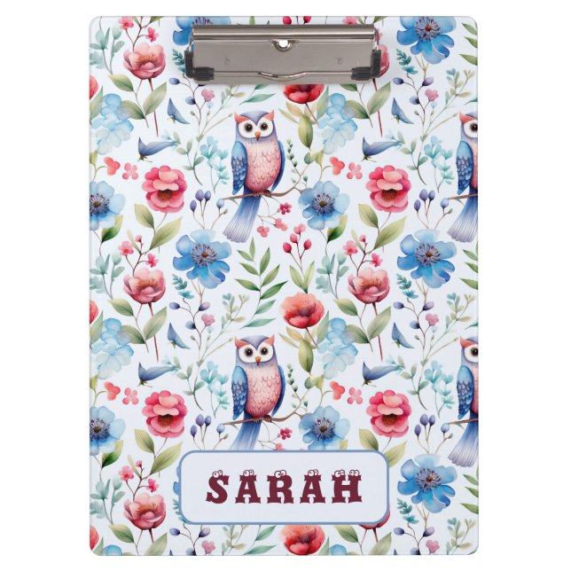 Watercolor Floral Owl Seamless Pattern Clipboard (Front)