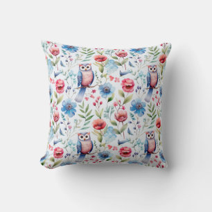 Watercolor Floral Owl Seamless Pattern Throw Pillow