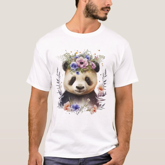 Watercolor Floral Panda Cute T-Shirt (Front)