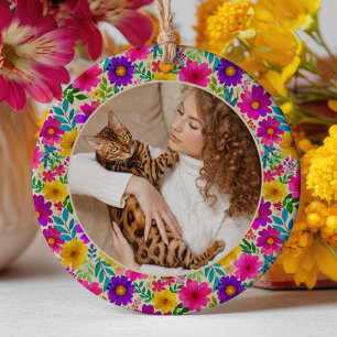 Watercolor Floral Pattern Best Cat Mom Photo Ceramic Ornament
