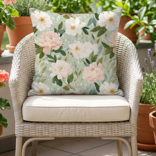 Watercolor Floral Pattern Blush Pink Sage Green Outdoor Pillow