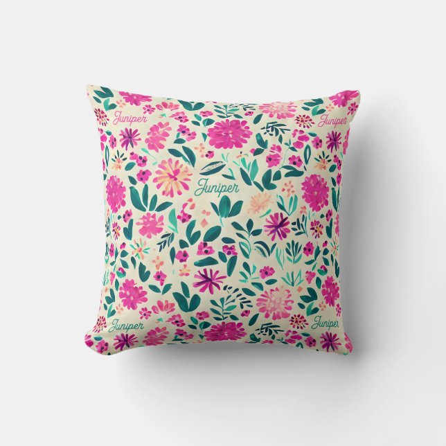 Watercolor Floral Pattern Custom Name Throw Pillow (Front)