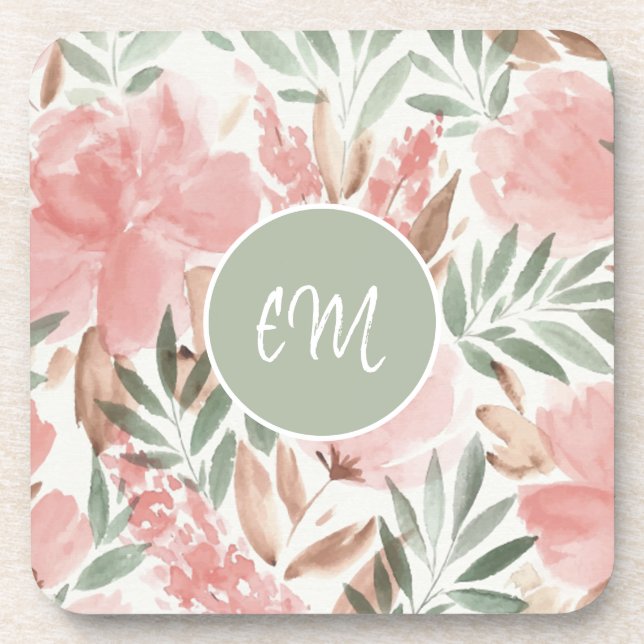 Watercolor Floral Pattern Monogram Coaster (Front)