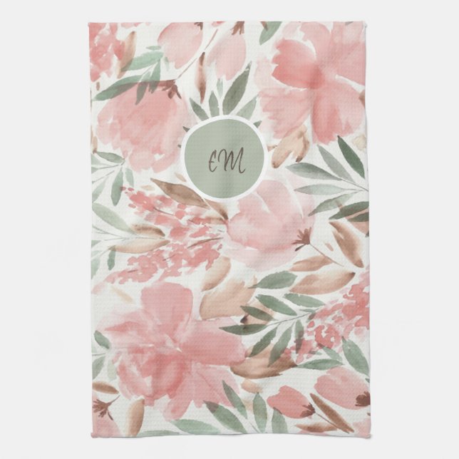 Watercolor Floral Pattern Monogram Kitchen Towel (Vertical)