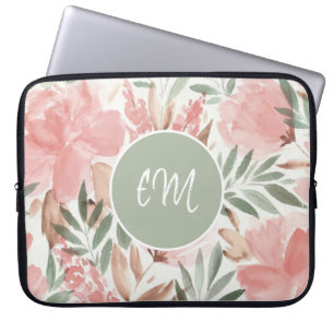 Watercolor Floral Pattern Monogram Laptop Sleeve