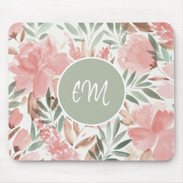 Watercolor Floral Pattern Monogram Mouse Pad (Front)