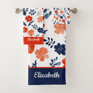 Watercolor Floral Pattern Monogrammed Name Elegant Bath Towel Set