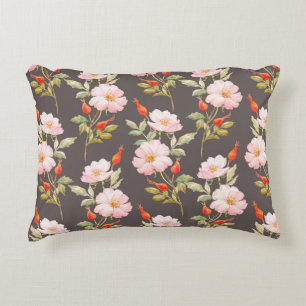 Watercolor floral pattern of dog rose and red berr accent pillow