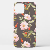Watercolor floral pattern of dog rose and red berr