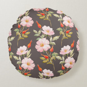 Watercolor floral pattern of dog rose and red berr round pillow