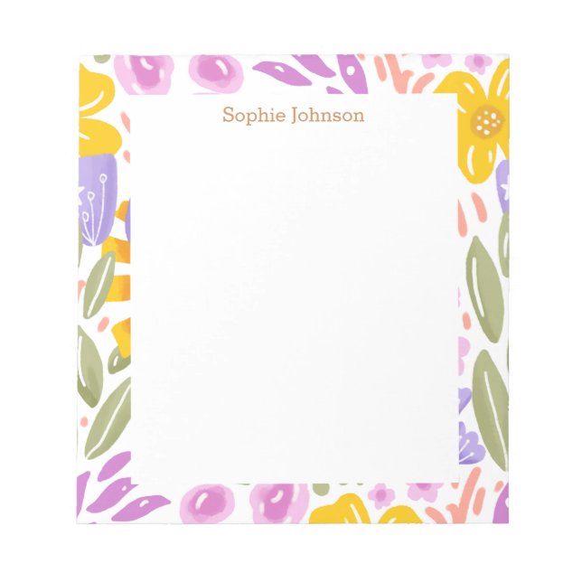 Watercolor Floral Pattern Pretty Personalized Notepad (Front)