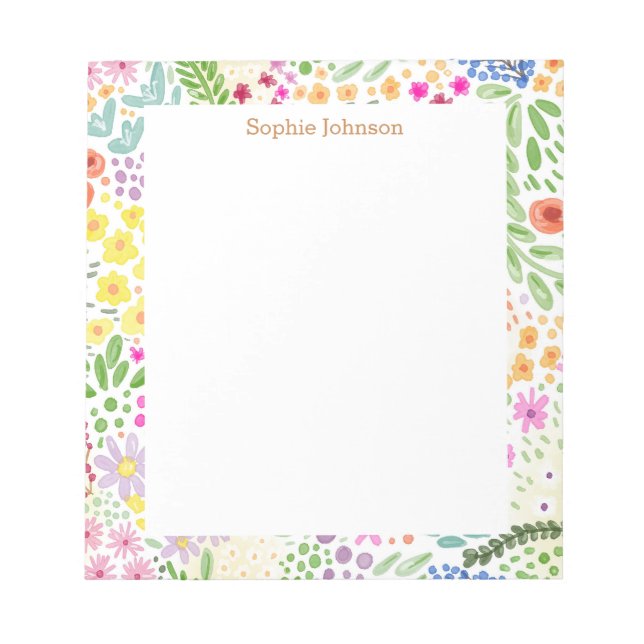 Watercolor Floral Pattern Pretty Personalized Notepad (Front)