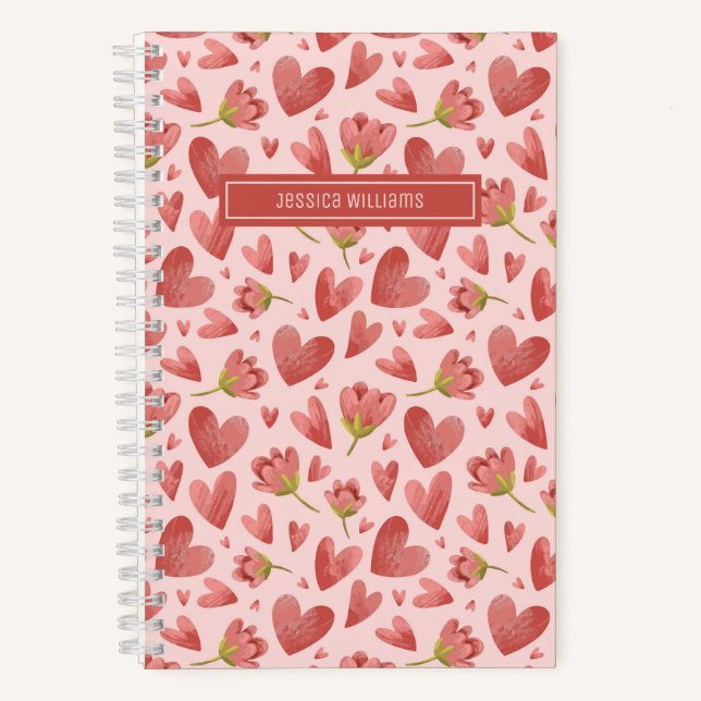Watercolor Floral Pattern Red Flower and Heart Notebook (Front)