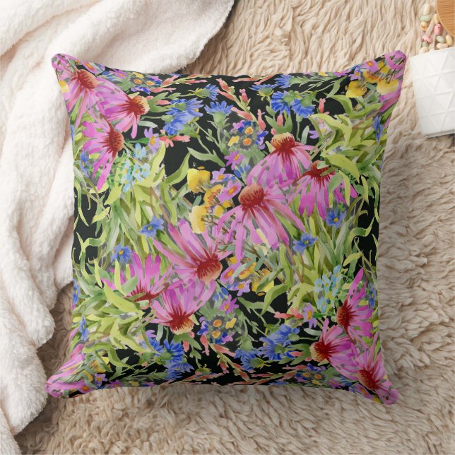 Watercolor Floral Pattern Yellow Green Pink        Throw Pillow (Blanket)
