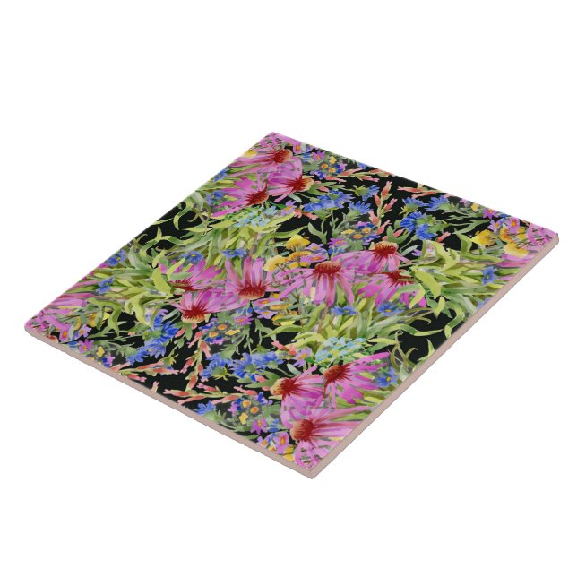 Watercolor Floral Pattern Yellow Green Pink        Tile (Side)