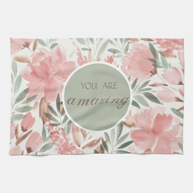 Watercolor Floral Pattern You Are Amazing Kitchen Towel (Horizontal)