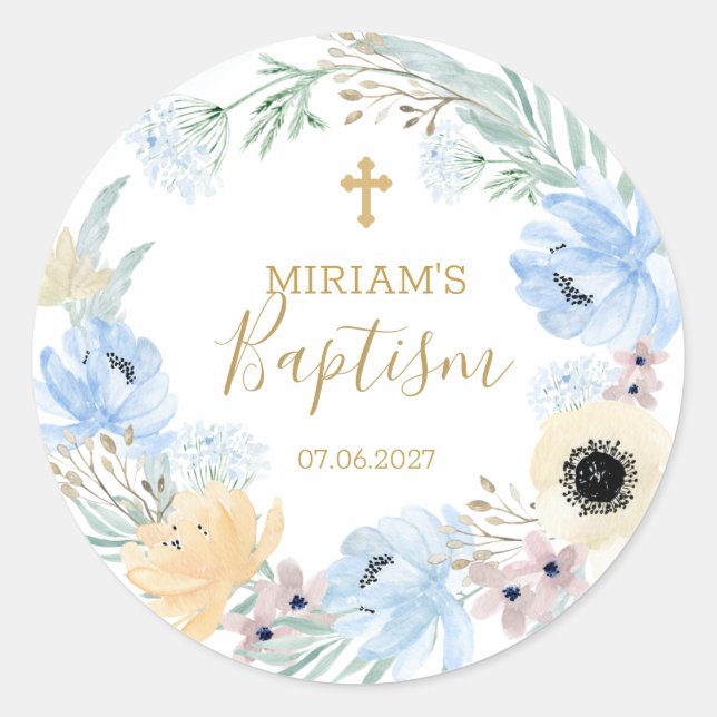 Watercolor Floral Peach Blue Baptism   Classic Round Sticker (Front)