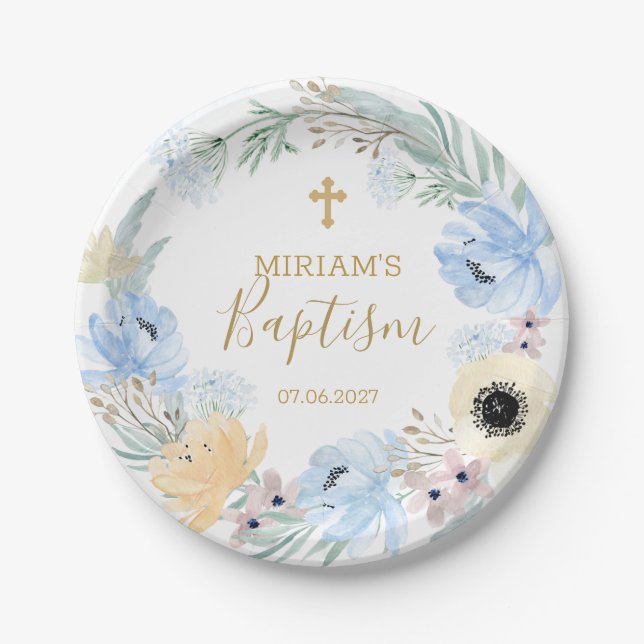 Watercolor Floral Peach Blue Baptism  Paper Plate (Front)