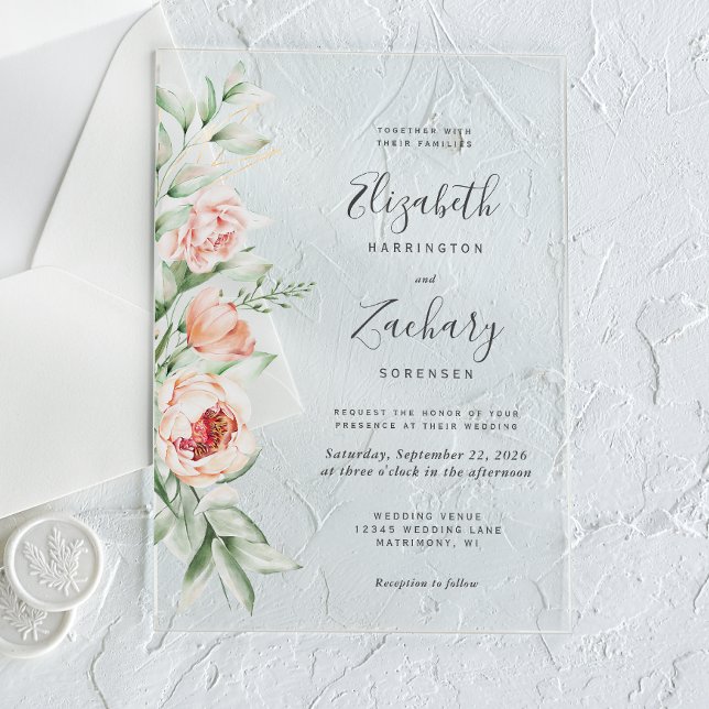 Watercolor Floral Peach Blush Wedding Acrylic Invitations (Creator Uploaded)
