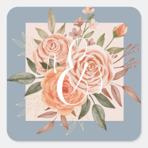 Watercolor Floral Peach Roses Dusty Blue Wedding  Square Sticker