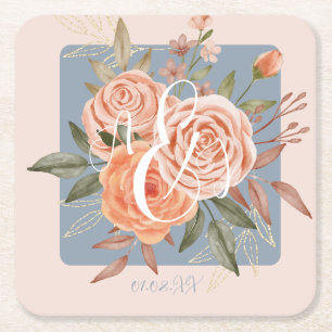 Watercolor Floral Peach Roses Dusty Pink  Gold Square Paper Coaster