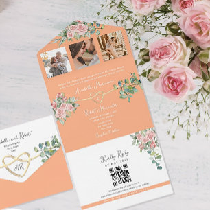 Watercolor Floral Peach Wedding All In One Invitation