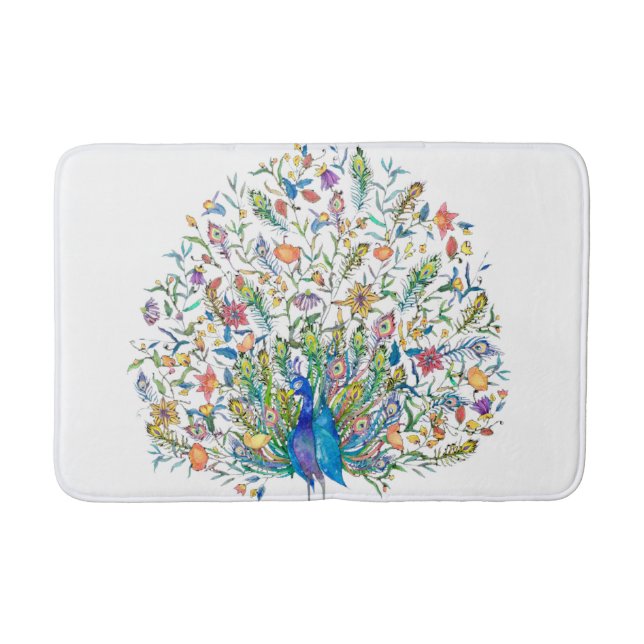 Watercolor floral peacock  bath mat (Front)