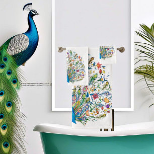 Watercolor floral peacock bath towel set