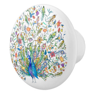 Watercolor floral peacock ceramic knob