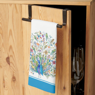 Watercolor floral peacock kitchen towel