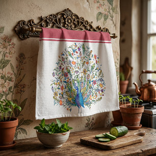 Watercolor floral peacock  kitchen towel