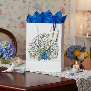 Watercolor floral peacock  medium gift bag