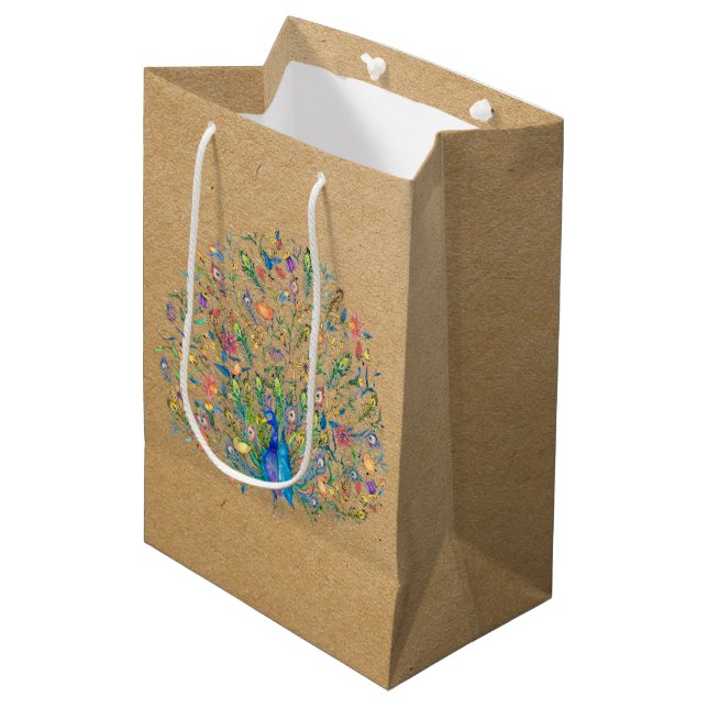 Watercolor floral peacock  medium gift bag (Front Angled)