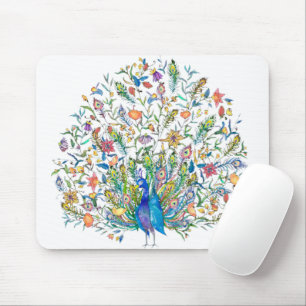 Watercolor floral peacock mouse pad