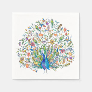 Watercolor floral peacock napkin