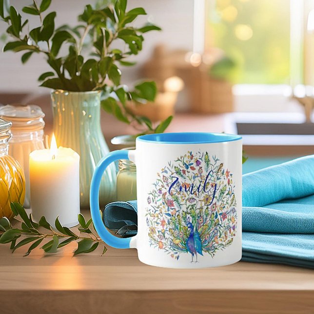 Watercolor floral peacock personalized coffee mug (Creator Uploaded)