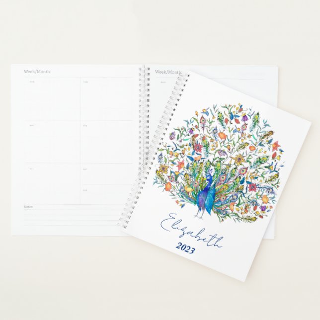 Watercolor floral peacock personalized,custom year planner (Display)