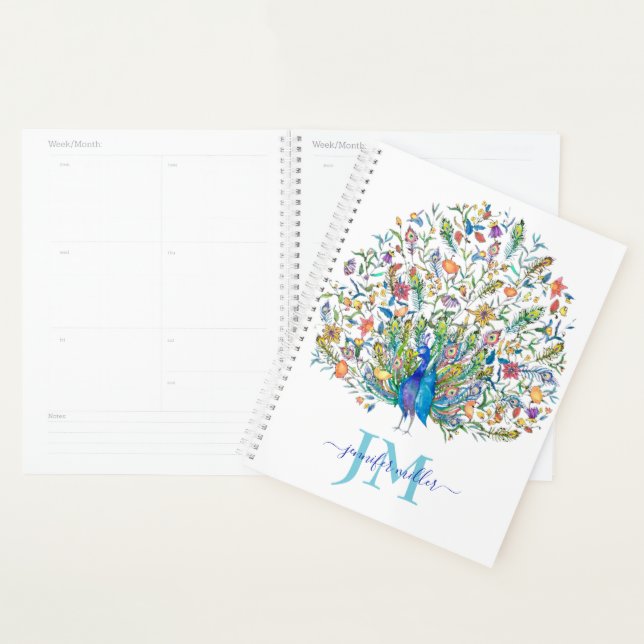 Watercolor floral peacock  personalized planner (Display)