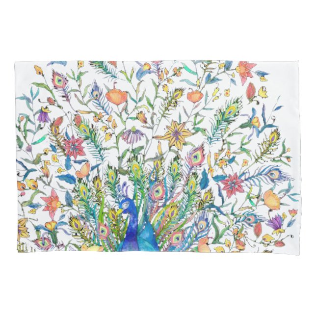 Watercolor floral peacock  pillowcase (Front)