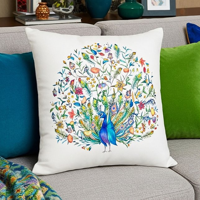 Watercolor floral peacock  throw pillow (Creator Uploaded)