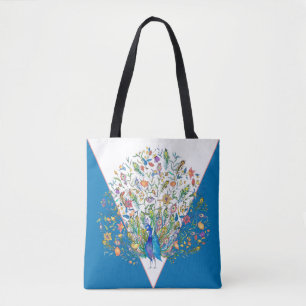 Watercolor floral peacock tote bag