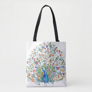 Watercolor floral peacock tote bag