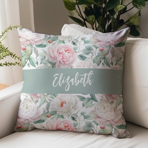 Watercolor Floral Peonies Script Name Pink Green Throw Pillow