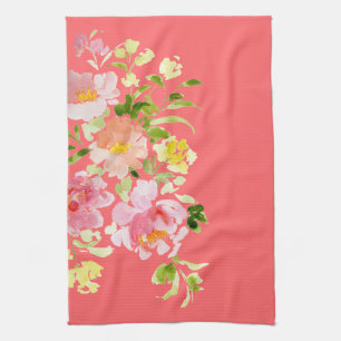 Watercolor floral peony garden coral kitchen towel